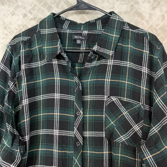 Well Worn Mens XXL Shirt Green Plaid Flannel Button Up Long Sleeve Cotton Blend - Picture 2 of 13